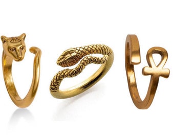 Egyptian Ankh, Snake or Bastet Cat Ring - Adjustable - Antique Gold Plated
