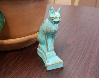 Patina Egyptian Bastet Cat Statue - Made in Egypt - Miniature Egyptian Goddess Collectible- Made in Egypt