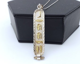 Diamond Cut Sterling Silver & 14K Gold Personalized Egyptian Nameplate Necklace Cartouche - Your Name in Hieroglyphic Symbols MADE IN EGYPT