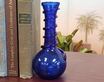 Egyptian Handblown Serpentine Glass Vase - Transparent Cobalt Blue Bubble Glass - Made in Egypt