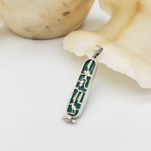 Diamond Cut Malachite Personalized Cartouche Pendant - Egyptian Nameplate Necklace - Your Name in Hieroglyphic Symbols -Gemstone Backed