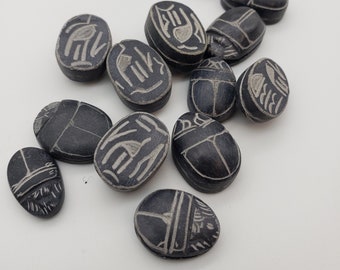 Black & White Egyptian Scarab Cabochon Collectible Amulet - 12 pcs - Basalt- Made in Egypt