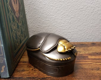 Handmade Metallic Scarab Box with Lid – Egyptian Hieroglyph Detail