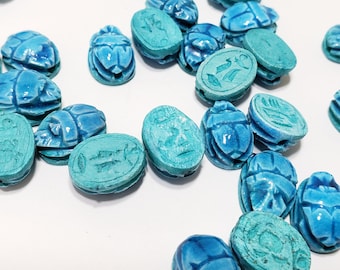 Glazed Scarab Beads - Small Hand-Carved Egyptian Soapstone -12 pcs - Light Blue- Made in Egypt