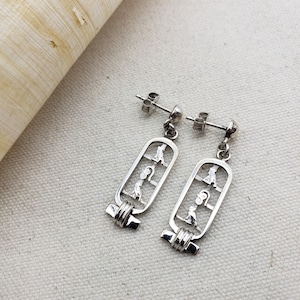 Egyptian Cartouche Earrings - Mother&#39;s Day Gift - Hieroglyphic Symbols - Sterling Silver- Made in Egypt