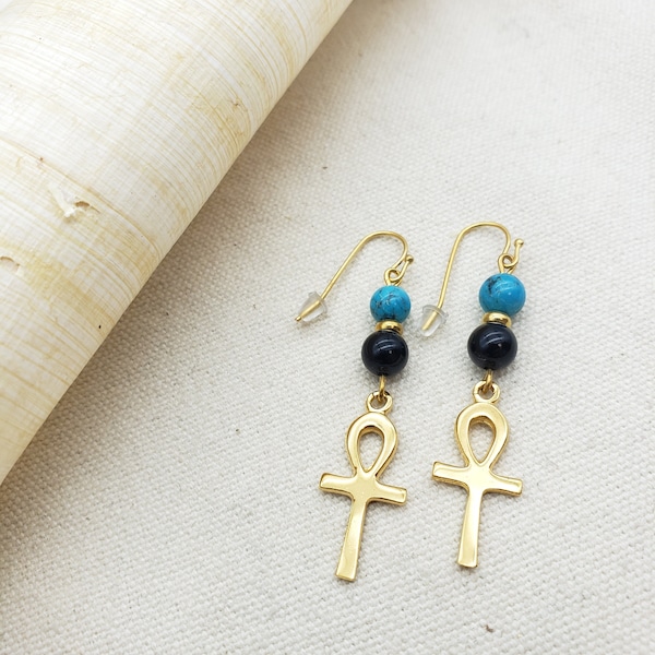 Egyptian Ankh Beaded Earrings - Black Onyx and Turquoise