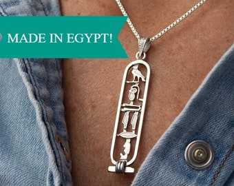 Egyptian Cartouche Necklace: Personalized Sterling Silver Hieroglyphic Nameplate