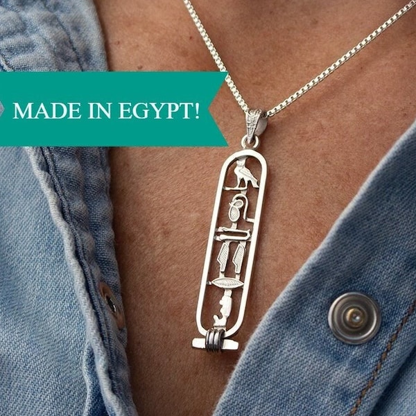 Egyptian Cartouche Necklace: Personalized Sterling Silver Hieroglyphic Nameplate