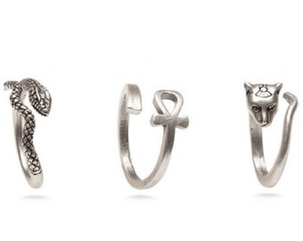 Egyptian Ankh, Snake or Bastet Cat Ring - Adjustable - Silver Plated