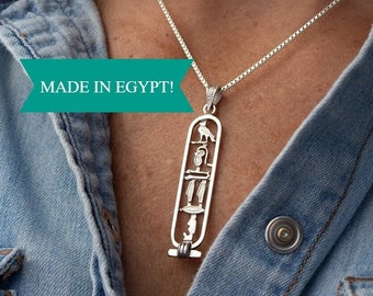 Made in Egypt Sterling Silver Egyptian Cartouche Nameplate Necklace - Your Name in Hieroglyphic Symbols - Personalized Jewelry Made to Order