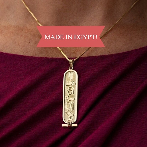 Made in Egypt 14K Solid Gold Personalized Cartouche Pendant - Egyptian Nameplate Necklace - Your Name in Hieroglyphic Symbols - Jewelry Gift