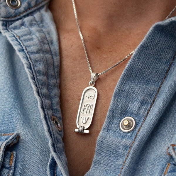 Health, Life and Happiness Cartouche Pendant - Egyptian Necklace - Hieroglyphic Symbols - Sterling Silver, 18K and 14K Gold - Made in Egypt