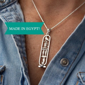 Made in Egypt Sterling Silver Egyptian Cartouche Nameplate Necklace - Your Name in Hieroglyphic Symbols - Personalized Jewelry Made to Order