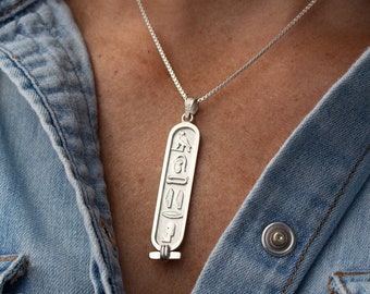 Made in Egypt Sterling Silver Egyptian Cartouche Nameplate Necklace - Your Name in Hieroglyphic Symbols - Personalized Jewelry Made to Order