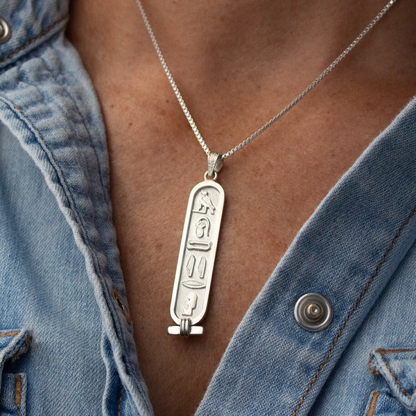 Made in Egypt Sterling Silver Egyptian Cartouche Nameplate Necklace - Your Name in Hieroglyphic Symbols - Personalized Jewelry Made to Order