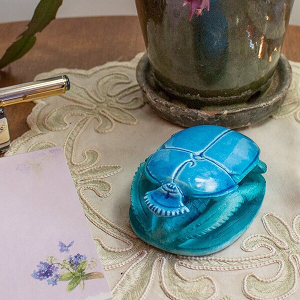 Egyptian Soapstone Scarab Collectible Amulet - Green or Blue - Hand-Carved - Ancient Egypt Paperweight Figurine- Made in Egypt