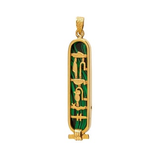 Malachite Egyptian Nameplate Necklace Solid Gold or Silver Gemstone  - Cartouche Pendant - Your Name in Hieroglyphic Symbols -MADE IN EGYPT