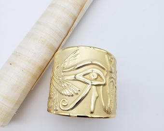 Brass Egyptian Eye Bracelet - Gold Plated - Wide Statement Cuff - Made in Egypt