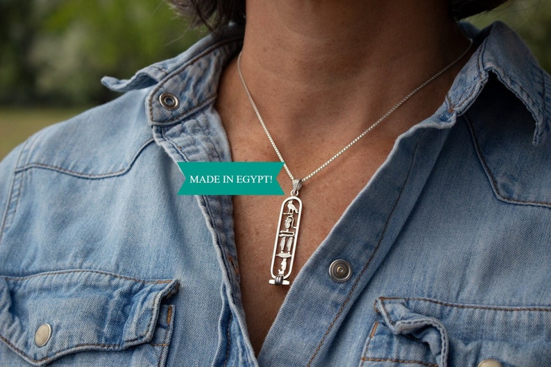 Made in Egypt Sterling Silver Egyptian Cartouche Nameplate Necklace - Your Name in Hieroglyphic Symbols - Personalized Jewelry Made to Order