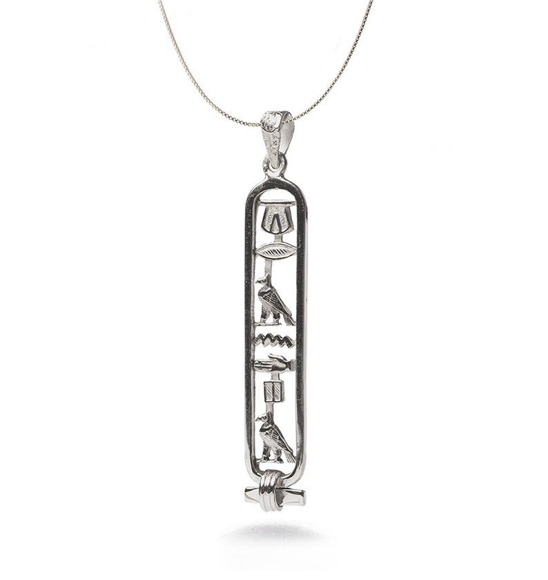 Made in Egypt Sterling Silver Egyptian Cartouche Nameplate Necklace - Your Name in Hieroglyphic Symbols - Personalized Jewelry Made to Order