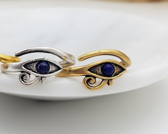 Lapis Lazuli Eye of Horus Ring: Adjustable Gold or Silver-Plated Egyptian Jewelry
