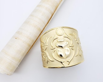 Brass Egyptian Scarab Bracelet - Gold Plated - Wide Statement Cuff - Made in Egypt