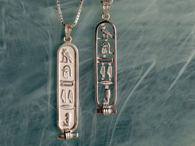 Made in Egypt Sterling Silver Egyptian Cartouche Nameplate Necklace - Your Name in Hieroglyphic Symbols - Personalized Jewelry Made to Order