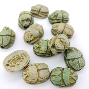 Blue/Green Scarab Beads - Small Hand-Carved Egyptian Soapstone -12 pcs - S25- Made in Egypt