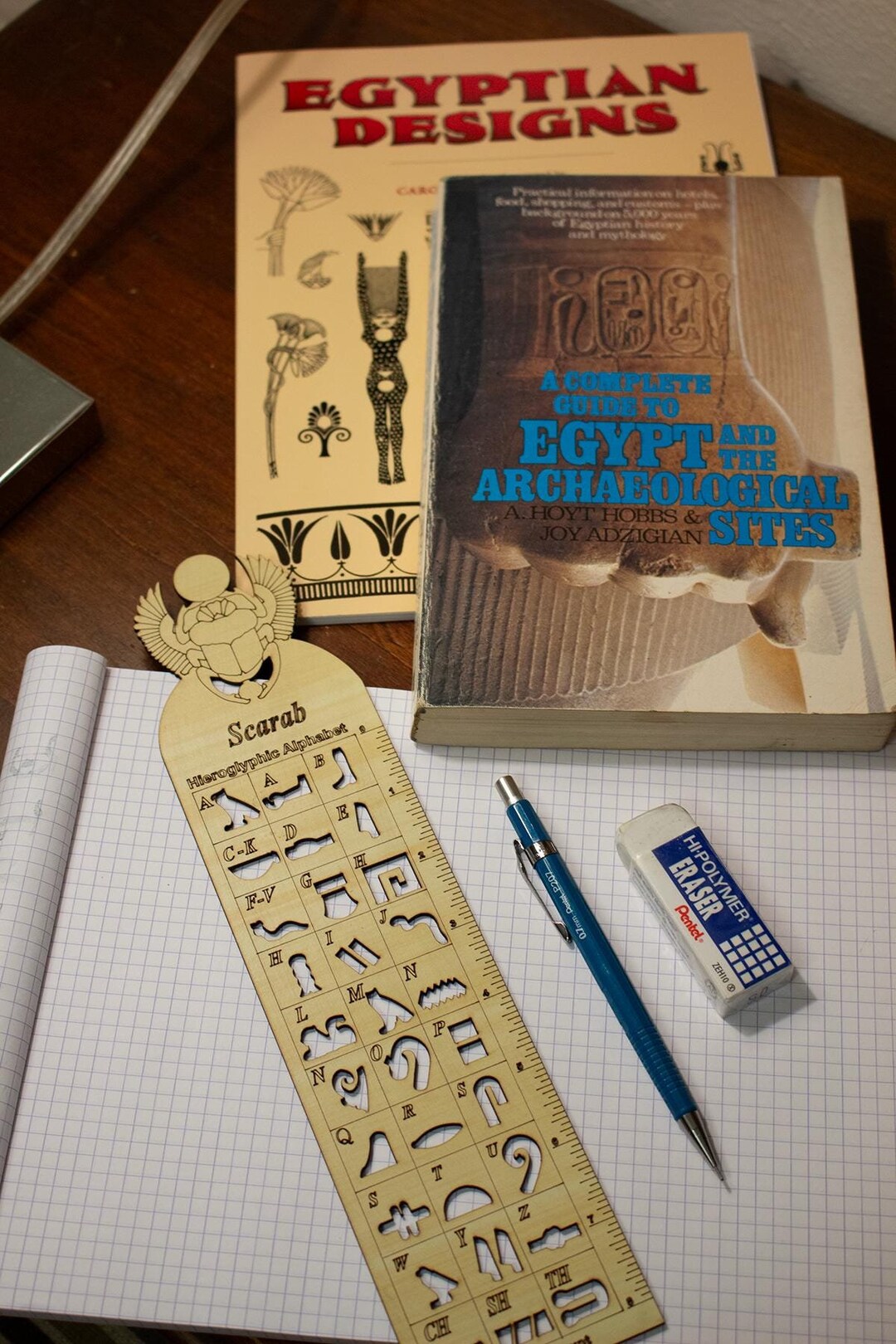 Wooden Hieroglyphic Stencil Ruler - Winged Scarab - Egyptian Study ...