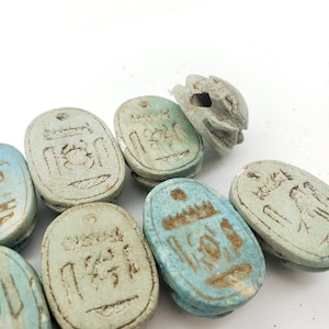 Egyptian Scarab Beads - Blue Hand-Carved Soapstone - Ancient Egypt Hieroglyphic Scarabs - 6 Pieces- Made in Egypt
