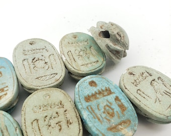 Egyptian Scarab Beads - Blue Hand-Carved Soapstone - Ancient Egypt Hieroglyphic Scarabs - 6 Pieces- Made in Egypt