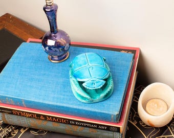 Hand-Carved Soapstone Scarab: Glazed Blue Egyptian Amulet