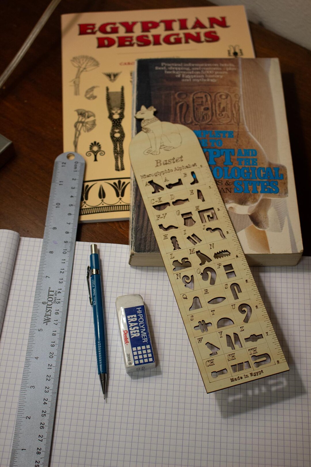 Wooden Hieroglyphic Stencil Ruler - Bastet Cat - Egyptian Study ...