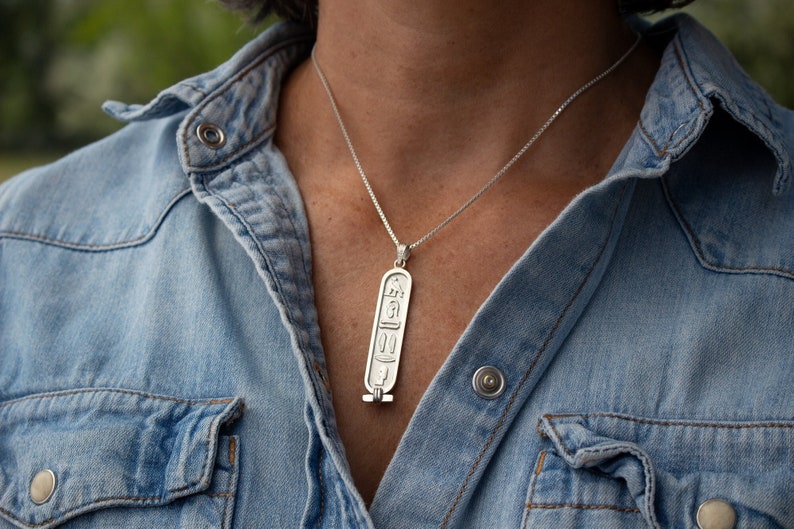 Made in Egypt Sterling Silver Egyptian Cartouche Nameplate Necklace - Your Name in Hieroglyphic Symbols - Personalized Jewelry Made to Order
