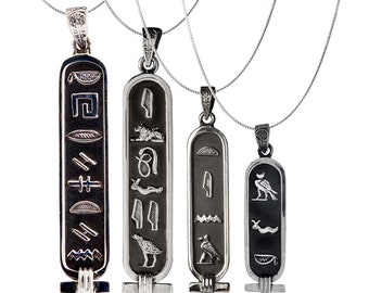 Oxidized Egyptian Personalized Hieroglyphic Cartouche Necklace - Nameplate Pendant - Your Name in Hieroglyphs - Sterling Silver/ 14K Gold