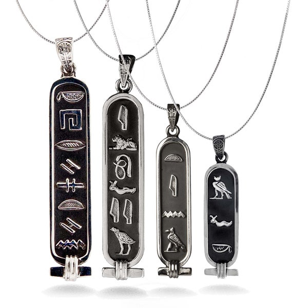 Oxidized Egyptian Personalized Hieroglyphic Cartouche Necklace - Nameplate Pendant - Your Name in Hieroglyphs - Sterling Silver/ 14K Gold