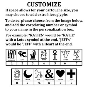May include: A black and white chart with images of Egyptian hieroglyphs and their corresponding numbers. The chart includes symbols for health, life, and happiness, an eye, a woman, a man, an ankh, a lotus, Nefertiti, a scarab, a moon, a cat, an ampersand, a heart, and a plus sign.