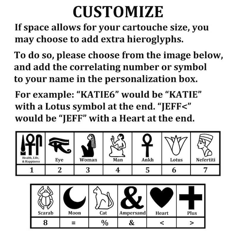 May include: A black and white chart with images of Egyptian hieroglyphs and their corresponding numbers. The chart includes symbols for health, life, and happiness, an eye, a woman, a man, an ankh, a lotus, Nefertiti, a scarab, a moon, a cat, an ampersand, a heart, and a plus sign.