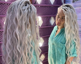 Cold Blonde DE Dreads with Wavy Curls – Multi Tone Platinum Blend + braids and dreads
