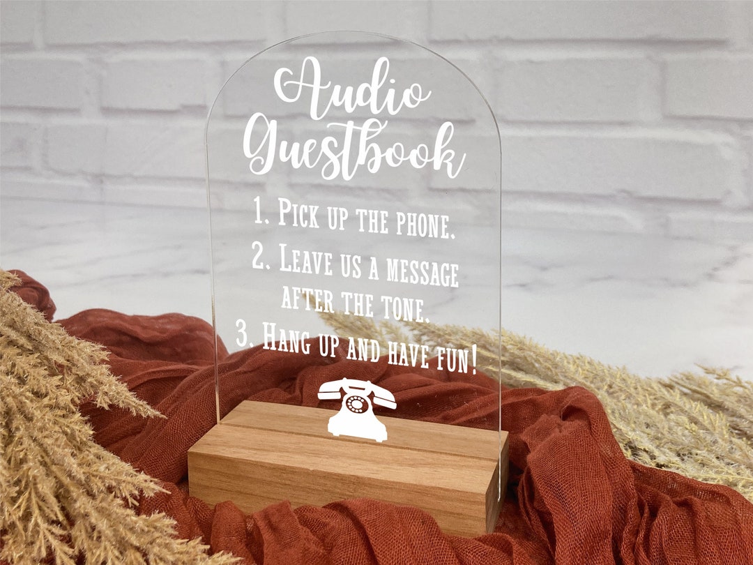 Wedding Audio Guestbook Sign With Wooden Base, Clear Acrylic Phone