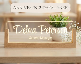 Personalized LED Name Plate, Custom Wooden Base Desk Sign (Arrives in 2 Days)