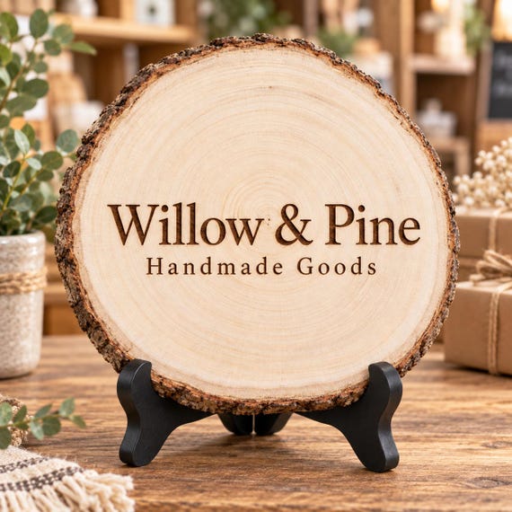 Personalized Small Business Wood Slice Sign, Custom Engraved Names, Natural Bark Edge Keepsake, 8 Styles
