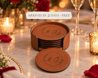 Personalized Leatherette Coasters, 3rd Anniversary Gift, Custom Engraved Coaster Set with Optional Holder