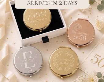 Personalized Milestone Birthday Compact Mirror, 40th 50th 60th Gift for Her, UV Printed Name Pocket Mirror with Box