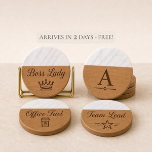 Personalized Boss Coasters, Marble and Wood Manager Office Gift, Custom Coworker Coaster Set