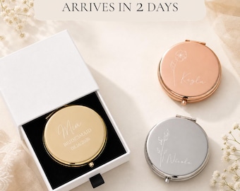 Bridesmaid Compact Mirror, Personalized Name & Birth Flower Mirror, UV Printed Wedding Party Gift with Box