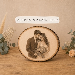 Personalized Wood Photo Engraving, Custom Wedding Photo on Wood Slice, Engraved Log Slice Gift for Couple