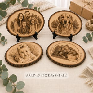 Personalized Photo on Wood Slice, Custom Wood Photo Engraving, Oval Log Slice Gift for Pet, Family, Memorial or Couple