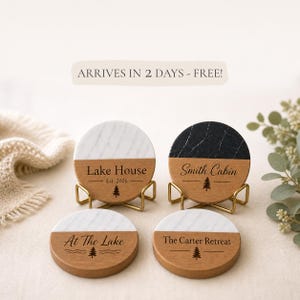 Personalized Lake House Coasters, Marble and Wood Lake Home Gift, Custom Family Lake Retreat Coaster Set