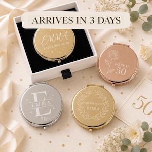 Personalized Milestone Birthday Compact Mirror, 40th 50th 60th Gift for Her, UV Printed Name Pocket Mirror with Box